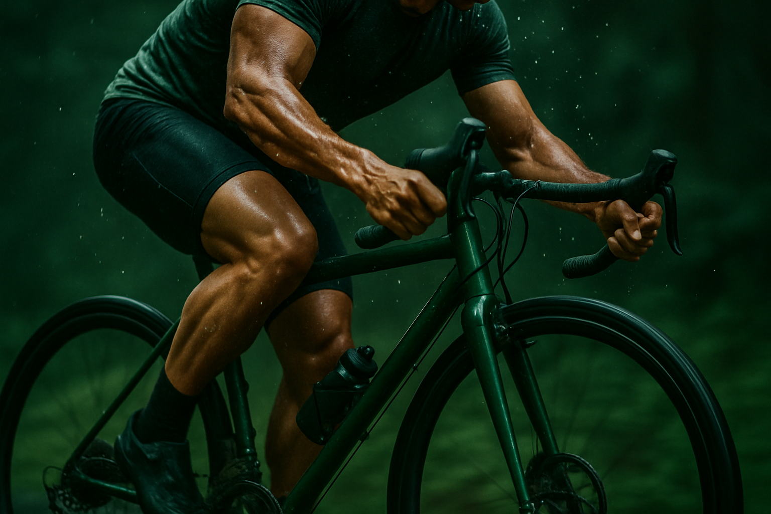 make a forrest green picture with a man pumping fast on a bike sweat dripping biut hes cut off the boke is up close 